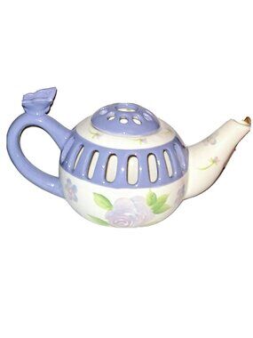 Hallmark Teapot Candle Holder Ceramic Purple White Floral Print Vintage